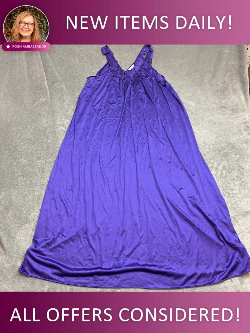 VTG Vanity Fair Lingerie Nightgown Purple  Nylon XL Sweep Butterfly Made in USA